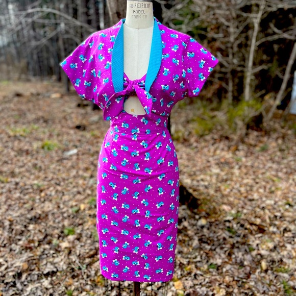 Purple & Teal Floral Dot Keyhole Retro Pinup Wiggle Dress w/Reversible Bolero - Picture 2 of 11
